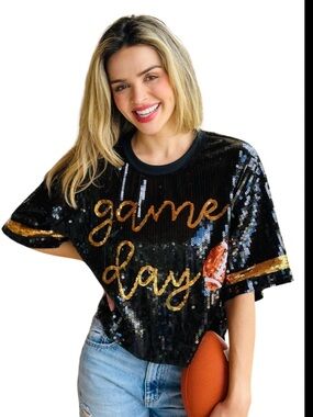 Game Day Sequin Tee - Black & Gold